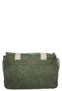 Borsa a tracolla verde in tela con strisce beige, forma rettangolare, patta frontale e superficie testurizzata. Adatta per l'uso quotidiano.
