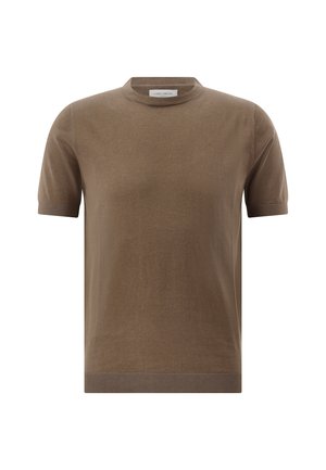 Brown short-sleeve knit sweater with ribbed cuffs, hem, and crew neckline, displayed against a white background.