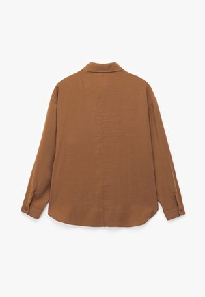 Brown losvallende blouse met een kraag, lange mouwen en knopenmanchetten, voorzien van een gladde textuur en een open rugontwerp.