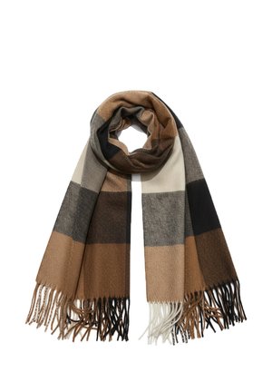 Zachte wollen sjaal met een groot geruit patroon in beige, bruin, zwart en crème, met franjes aan de uiteinden.
