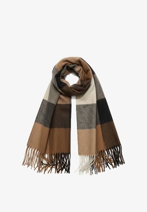 Zachte wollen sjaal met een groot geruit patroon in beige, bruin, zwart en crème, met franjes aan de uiteinden.