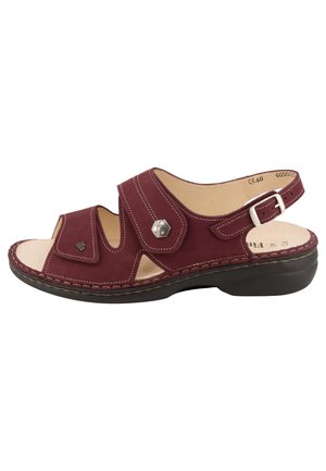 Burgundy open-toe sandal with adjustable straps, silver buckles, cushioned insole, and low black heel, size 40.
