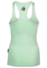 Lichtgroene sportieve tanktop met een racerback-design. Heeft een zwart gorilla-logo op de bovenrug. Glad, rekbaar materiaal.