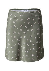 Oliivinvihreä hame pehmeästä kankaasta, jossa on kukkakuosi, jossa on pieniä valkoisia ja vaaleanpunaisia kukkia. Helma on lempeästi kaareva. Tee: EDITED.