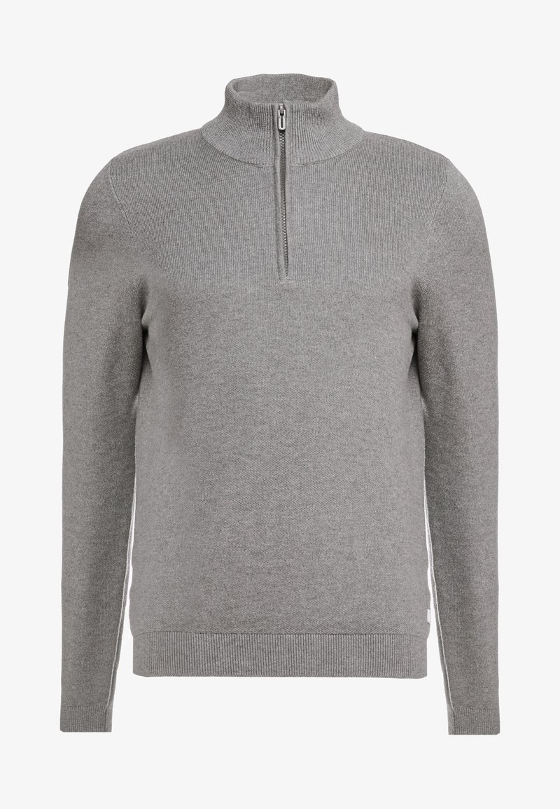 Pull gris clair en maille avec manches longues, ourlet et poignets côtelés, et une courte fermeture éclair à l'avant du col montant.