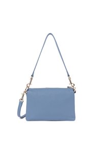 Sac bandoulière en cuir bleu, forme rectangulaire, texture lisse, fermeture éclair, sangle ajustable, accents en matériel doré.