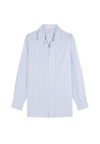 Camisa de manga larga azul claro con rayas verticales blancas y rojas, cuello puntiagudo, cierre frontal con botones y puños abotonados. Tejido suave.