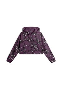 Felpa corta viola con zip, caratterizzata da un motivo a stampa leopardata bianco e nero. Presenta una grande tasca frontale e un cappuccio.