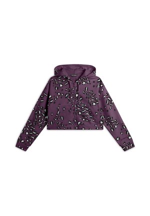 Haut à capuche court violet avec une fermeture éclair, arborant un motif léopard noir et blanc. Il possède une grande poche avant et une capuche.