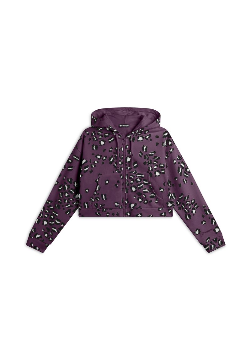 Felpa corta viola con zip, caratterizzata da un motivo a stampa leopardata bianco e nero. Presenta una grande tasca frontale e un cappuccio.
