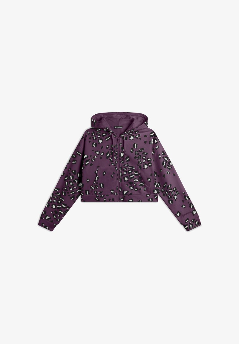 Haut à capuche court violet avec une fermeture éclair, arborant un motif léopard noir et blanc. Il possède une grande poche avant et une capuche.