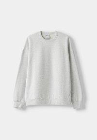 Light grey sweatshirt in a soft fabric, featuring a round neck, ribbed cuffs, and hem. Simple design with no visible patterns or logos.