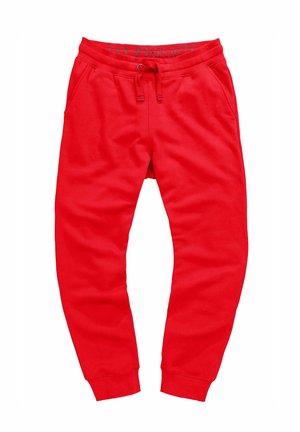 Červené pánské tepláky s elastickým pasem, nastavitelným šňůrkovým stahováním, kapsami po stranách a manžetami u kotníků.