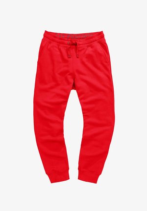 Czerwone męskie spodnie dresowe z elastycznym pasem, regulowanym sznurkiem, bocznymi kieszeniami i ściągaczami przy nogawkach.