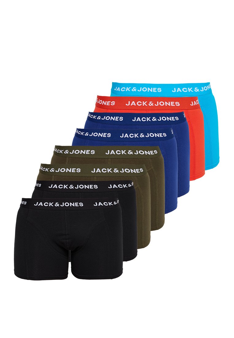 Otto paia di boxer in vari colori: nero, blu navy, verde, rosso e blu. Ciascuno ha un elastico bianco con il logo "JACK & JONES".