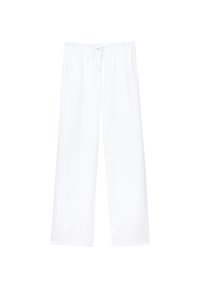 Pantalon blanc ample avec taille élastique et cordon à l'avant, présenté sur un fond blanc uni.
