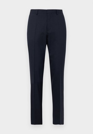Pantalones de vestir para hombre en azul marino, ajustados, con un sutil patrón de cuadros, pasadores para cinturón y pliegue frontal, exhibidos de frente sobre fondo blanco.