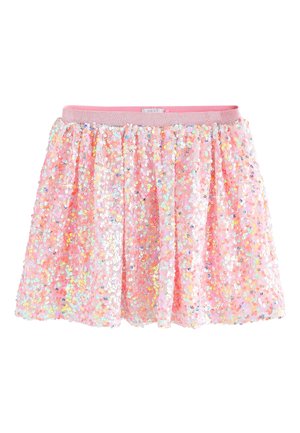 Ružová sukňa s lesklými irizujúcimi flitrami a trblietavým elastickým pásom, navrhnutá pre deti.