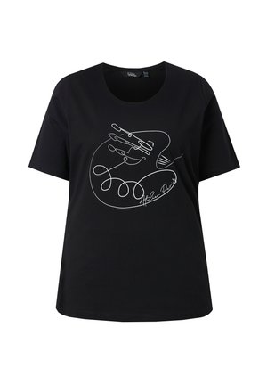Schwarzes Kurzarm-T-Shirt mit einer weißen durchgehenden Linienzeichnung einer Hand und kursivem Text "Atelier Paris" auf der Vorderseite.