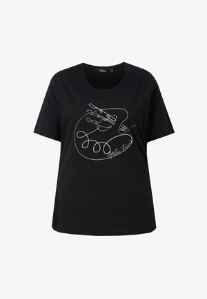 Schwarzes Kurzarm-T-Shirt mit einer weißen durchgehenden Linienzeichnung einer Hand und kursivem Text "Atelier Paris" auf der Vorderseite.