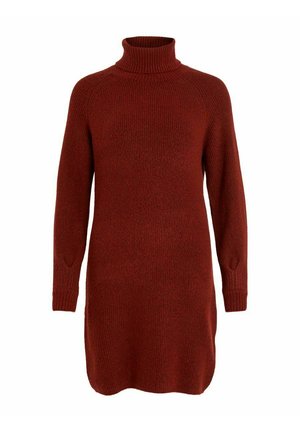 Sukienka dzianinowa w kolorze rdzawym z wysokim golfem, długimi rękawami raglanowymi i prążkowaną fakturą. Boczne rozcięcia na dole dla swobody ruchów.