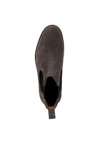 Graue Wildleder-Stiefelette mit elastischen seitlichen Einsätzen und einer Zuglasche. Glatte Textur, runde Zehenform und minimalistisches Design.