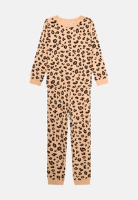 Leopardmönstrad loungedressuppsättning i persikofärgad tyg. Långärmad topp och matchande byxor med svarta leopardfläckar. Elastiska muddar vid handleder och anklar.