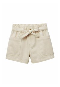 Shorts en coton beige avec une large ceinture, une ceinture à nouer, deux poches avant et des coutures soignées. Avant plat et longueur standard.