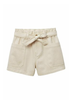 Shorts en coton beige avec une large ceinture, une ceinture à nouer, deux poches avant et des coutures soignées. Avant plat et longueur standard.
