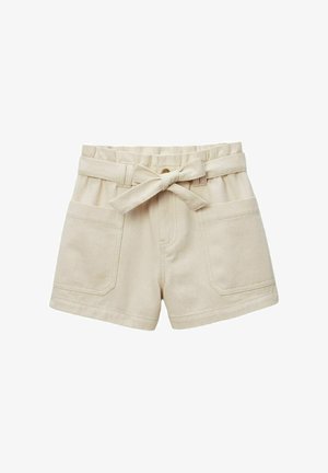 Shorts en coton beige avec une large ceinture, une ceinture à nouer, deux poches avant et des coutures soignées. Avant plat et longueur standard.