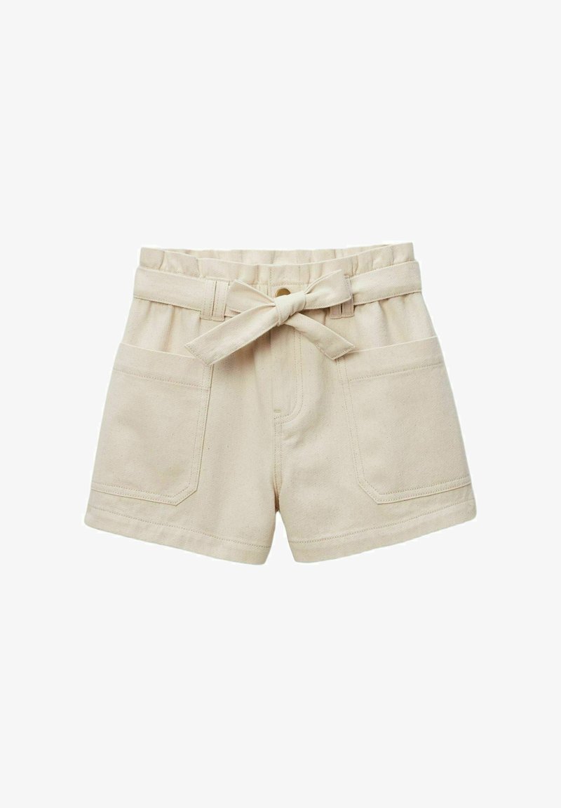 Shorts en coton beige avec une large ceinture, une ceinture à nouer, deux poches avant et des coutures soignées. Avant plat et longueur standard.