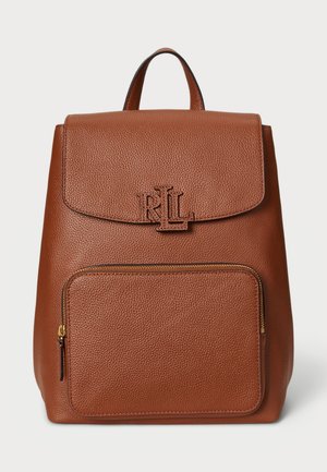 Brown leather backpack with a textured finish, flap closure, front zip pocket, and embossed initials "RL" on the front.