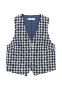 Marineblaue und weiße karierte Weste mit V-Ausschnitt, fünf Knöpfen vorne und Seitentaschen. Strukturierter Stoff mit einer taillierten Form.