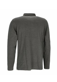 Langärmliges Hemd aus dunkelgrauem Stoff mit strukturiertem Muster und flachem Kragen. Verfügt über seitliche Schlitze für Bewegungsfreiheit.