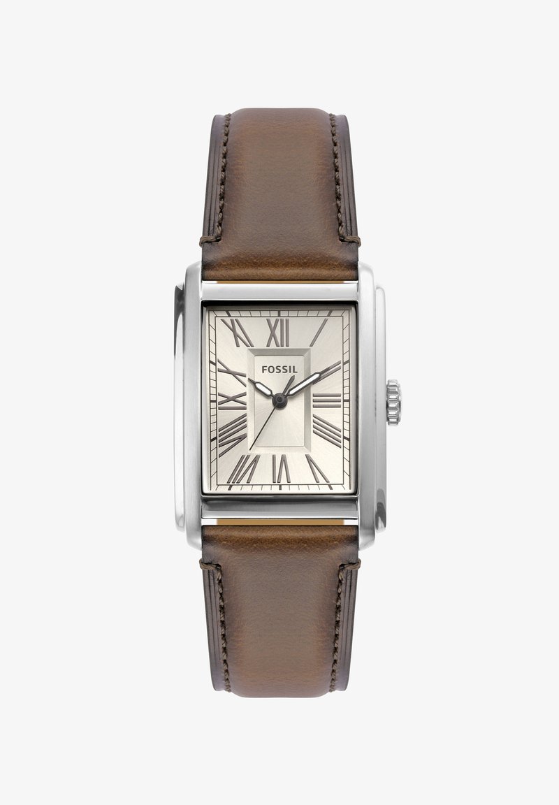 Square stainless steel watch with beige dial and silver-tone Roman numerals. Brown leather strap with stitching detail. Brand name "Fossil" displayed.