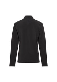 Zwart poloshirt met lange mouwen, voorzien van een klassieke kraag, een soepele textuur en minimale stikdetails. De achterzijde toont een getailleerde pasvorm.