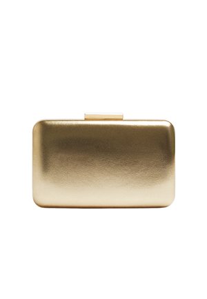 Pochette rectangulaire métallique dorée avec bords arrondis et petite fermeture à clapet sur le dessus, sur fond blanc.