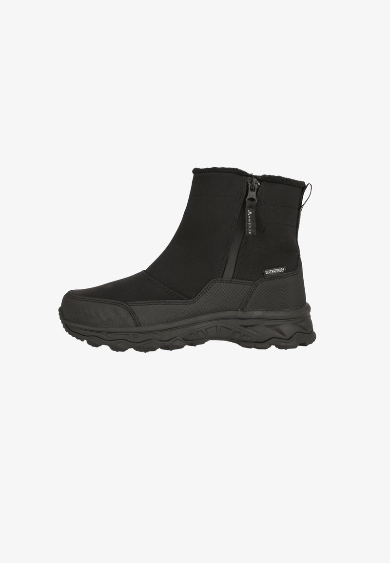 Bottes de cheville noires imperméables avec une tige texturée lisse, une fermeture éclair sur le côté et une semelle en caoutchouc robuste pour une meilleure adhérence.