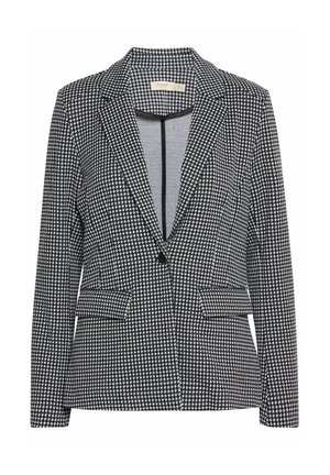 Fekete-fehér houndstooth mintás blézer, feltűzött hajtókával, egysoros gombolással és két elülső zsebbel. Texturált anyagból készült.