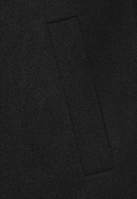 Κοντινό πλάνο τσέπης μαύρου παλτού από μαλλί με ορθογώνιο καπάκι, εμφανίζοντας υφή και λεπτομέρειες υφάσματος.