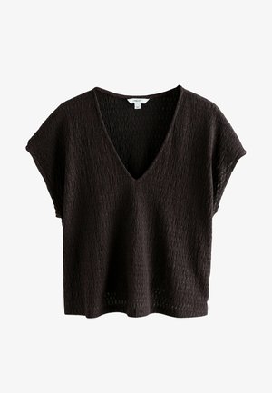 Zwarte gebreide top met een V-hals, korte mouwen en een textuurpatroon. Lichtgewicht stof met een luchtig, open geweven ontwerp.
