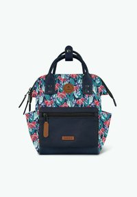 Floral-patterned backpack in shades of navy and vibrant colors. Features leather accents, top handles, and a zippered front pocket.