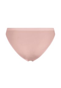 Culotte femme sans couture rose clair avec une taille basse et une finition en tissu lisse sur fond blanc.