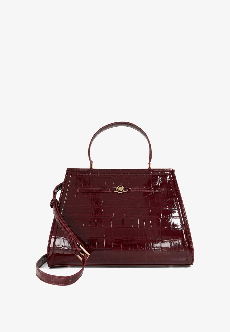 Burgundy croc-embossed handbag with a structured shape, top handle, detachable strap, and gold-tone logo accent on the front.