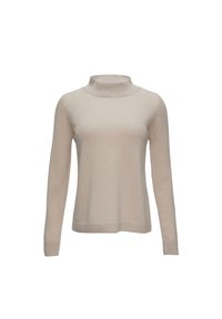 Beige Rollkragenpullover aus weichem Strickstoff, mit langen Ärmeln und schmaler Passform. Nahtdetails an den Schultern und am Saum.