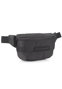 Bolsa de cinturón negra de tela con cierre superior con cremallera, superficie texturizada y correas ajustables. Presenta un parche con el logotipo en la parte frontal.