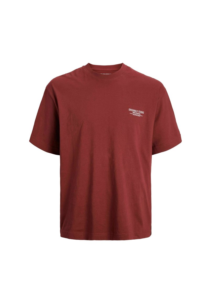 Rød bomulds T-shirt med korte ærmer og rund halsudskæring. Har et lille trykt logo på brystet i hvid. Normal pasform, glat tekstur.