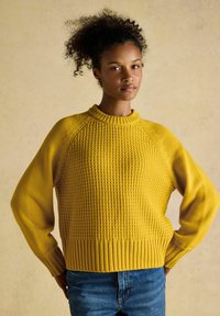 Junge Frau mit lockigem Haar in einem strukturieren senfgelben Pullover und blauen Jeans, die mit Händen in der Hüfte vor einem neutralen Hintergrund steht.