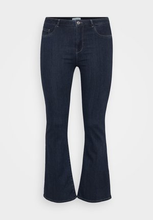 Jeans de denim escuro com boca de sino, com um design clássico de cinco bolsos, apresentando um fecho frontal com botão e detalhes de costura subtis ao longo das costuras.