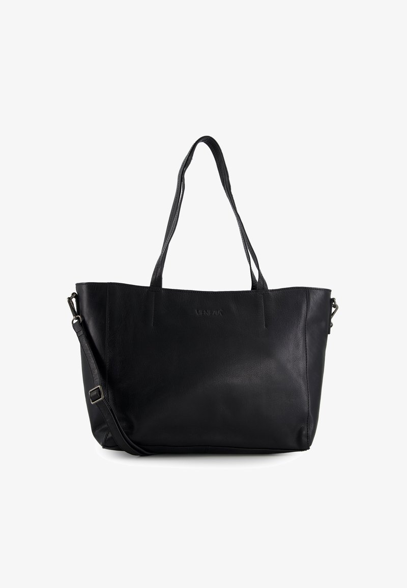 Black leather tote bag with dual top handles and a removable shoulder strap. Features a simple design with textured surface and embossed logo.